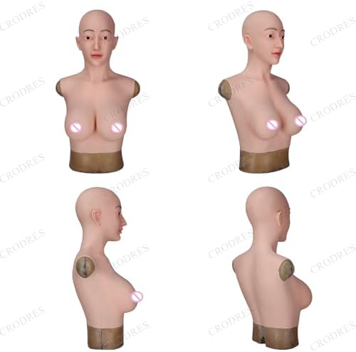 Crossdresser Mask Silicone Female Head Masks Face Female Disguise Mask D Cup Fake Breast for Halloween Cosplay,Color 2,Makeup with Hair