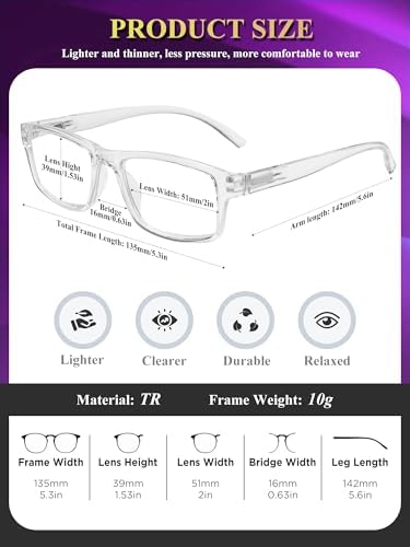 2 Pack Reading Glasses,Upgraded TR Blue Light Blocking Reading Glasses,Filter UV Ray/Glare Computer Readers, Stylish Lightweight Spring Hinges Eyeglasses for Women Men(Transparent,1.5)
