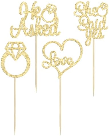 Gyufise He Asked She Said Yes Cupcake Toppers Gold Glitter Diamond Ring Heart Love Cake Picks for Wedding Engagement Party Cake Decorations 24 Pack