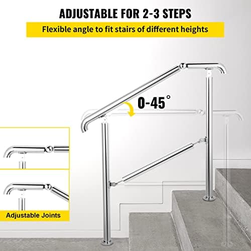 VEVOR Handrail for Outdoor Steps, 2-3 Steps Outdoor Handrail, Adjustable Stainless Steel Staircase Handrail, Thickened Stair Railings for Porch Railing, Deck Handrail