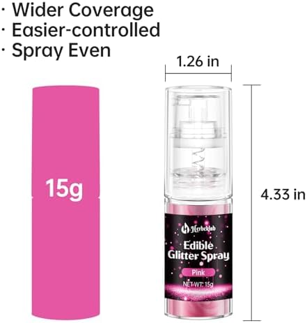 Pink Edible Glitter Spray - 15g Food Grade Pink Luster Dust Shimmer Powder Spray for Cakes, Cookies, Chocolate, Strawberries, Drinks & Cocktails