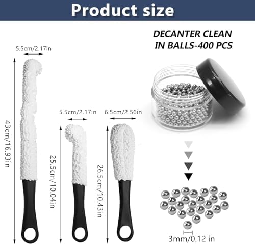 Litoexpe 3 Pieces Decanter Cleaning Brush with 400 Pieces Cleaning Beads, Wine Glass Cleaner Brush Flexible Bottle Cleaning, Household Cleaning Tools for Wine Decanters, Goblets, Cups (Black)