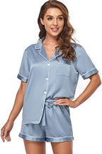 Serenedelicacy Women's Satin Pajama Set 2-Piece Sleepwear Loungewear Button Down Short Sleeve Silky PJ Set