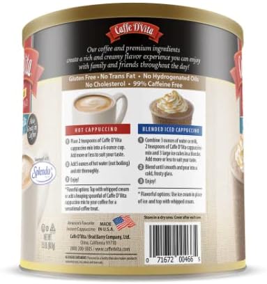 Caffe D'Vita Sugar Free French Vanilla Cappuccino - Instant Coffee Powder Mix, Gluten Free, No Cholesterol, No Hydrogenated Oils, 99% Caffeine Free - 1.5 Lb Can