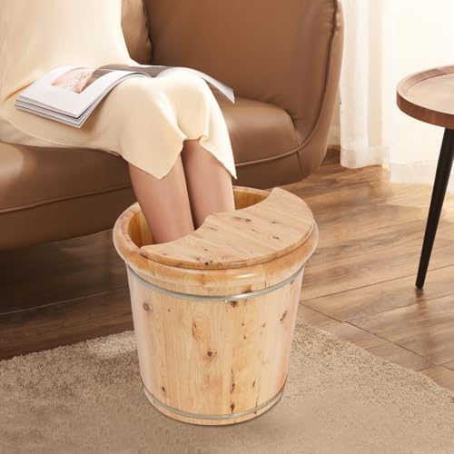 Wooden Foot Bath Bucket, Pedicure Bowl Footbath Barrel with Wooden Stool and Lid, Foot Bath Tub Basin, Feet Massage Barrel for Seniors and Home Spa Experience (Wood)