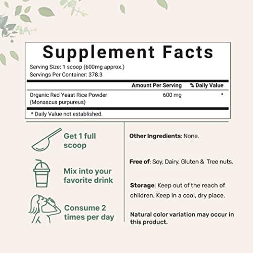 Organic Red Yeast Rice Powder, 8 Ounce (1 Year Supply), Non-GMO, Vegan Friendly