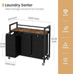 Laundry Hamper, Laundry Basket, Laundry Sorter with 3 Removable Bags, Clothes Basket with 3 Compartments, Wheels, Shelf for Laundry Room Bathroom Bedroom (3 Bags-Black)