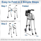 Narrow Walkers for Seniors, Folding Standard Walker with Seat, Lightweight Aluminum Mobility Rolling Walker for Seniors and Adults, Compact Travel Walker Height Adjustable, Supports 350 lbs，Only 8LBS