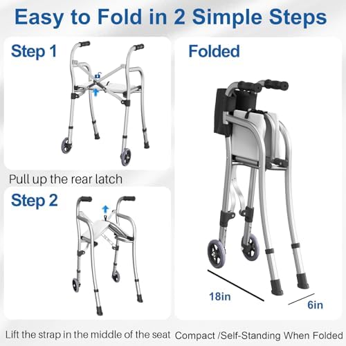 Narrow Walkers for Seniors, Folding Standard Walker with Seat, Lightweight Aluminum Mobility Rolling Walker for Seniors and Adults, Compact Travel Walker Height Adjustable, Supports 350 lbs，Only 8LBS