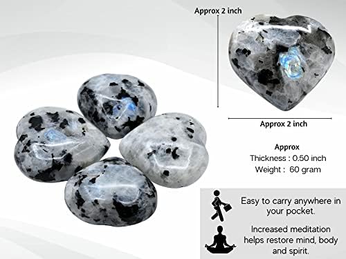 Amazing Gemstone Rainbow Moonstone Crystal Heart Palm Stone - Pocket Massage Worry Stone for Natural Body Chakra Balancing, Reiki Healing and Crystal Grid