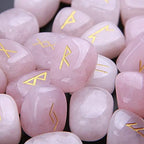 TGS Gems Rose Quartz Rune Stones Set Engraved Pagan Lettering with Instruction Booklet and Velvet Pouch