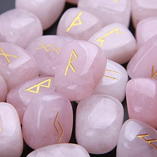 TGS Gems Rose Quartz Rune Stones Set Engraved Pagan Lettering with Instruction Booklet and Velvet Pouch