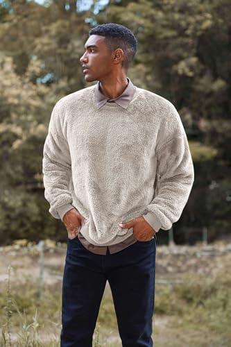 Mens Fuzzy Sherpa Sweatshirt Long Sleeve Fluffy Crew Neck Pullover Cozy Basic Unisex Fall Winter Warm Tops