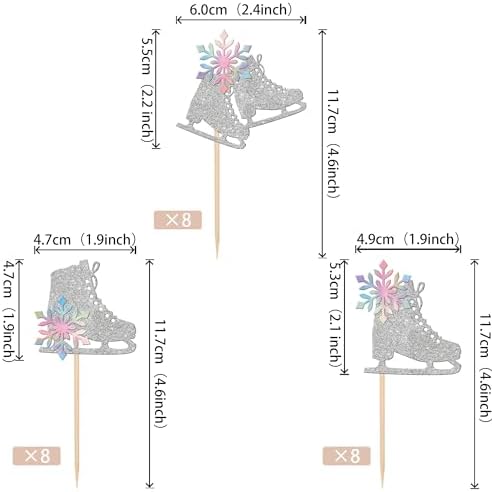 24 PCS Ice Skating Cupcake Toppers Glitter Ice Sports Snowflake Cupcake Picks for Skating Theme Baby Shower Kids Birthday Party Cake Decorations Supplies Silver