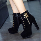 Women's High Heel Boots Suede Platform Lace Up Low Boots Fashion Chunky Stiletto Round Toe Sexy Ankle Booties With Buckle Decor