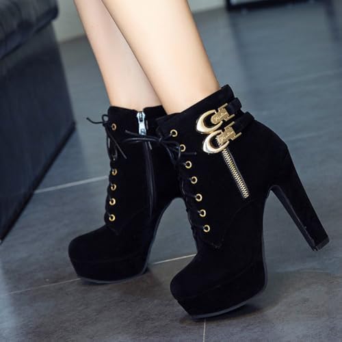 Women's High Heel Boots Suede Platform Lace Up Low Boots Fashion Chunky Stiletto Round Toe Sexy Ankle Booties With Buckle Decor