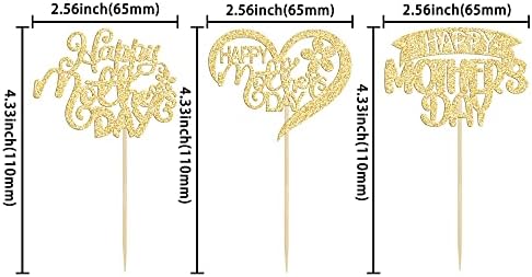 24Pcs Happy Mother's Day Cupcake Toppers with Glitter Heart Love Flower Mother Best Mom Cupcake Picks for Happy Mother's Day Theme Women Birthday Party Cake Decorations Supplies Gold
