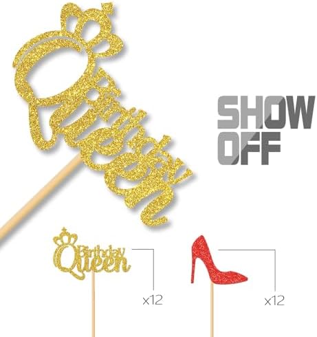 MonMon & Craft 24 Pcs Queen Birthday Cupcake Toppers for Women or Girl's 1st 3rd 30th 40th Birthday Party/Gender Reveal Party Cupcake Decorations/Red Gold Glitter Mom Birthday Cupcake Toppers