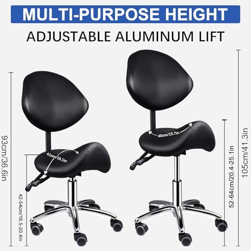 Saddle Stool with Back Support, 400lbs Saddle Chair - Back Adjustable Salon Stool with Wheels, Swivel, Wide Thick Seat Padding, Heavy Duty Rolling Seat for Home Office Clinic Dentist(Black)