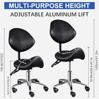 Saddle Stool with Back Support, 400lbs Saddle Chair - Back Adjustable Salon Stool with Wheels, Swivel, Wide Thick Seat Padding, Heavy Duty Rolling Seat for Home Office Clinic Dentist(Black)