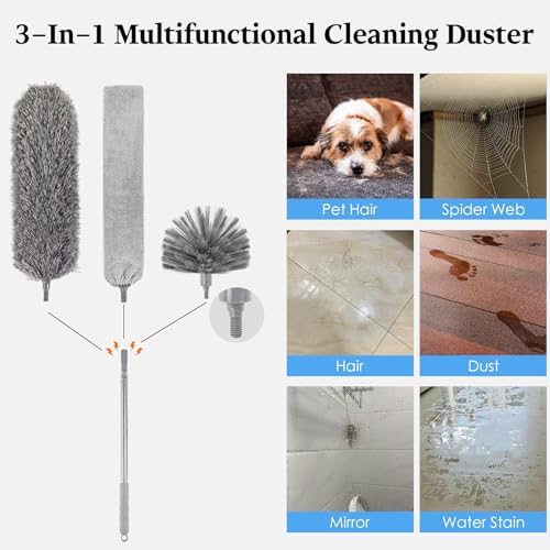 Cobweb Duster with Extension Pole, Washable Cleaning Microfiber Feather Duster 5-in-1 Kit with 3 Duster Heads, 100'' Bendable Extendable Long Duster for High Ceilings, Fans, Blinds, Furniture & Car
