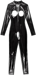 easyforever Women Sexy Hollow Out Bodysuit Lingerie Clubwear Patent Leather Invisible Zipper Latex Catsuit