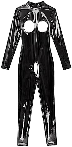 easyforever Women Sexy Hollow Out Bodysuit Lingerie Clubwear Patent Leather Invisible Zipper Latex Catsuit