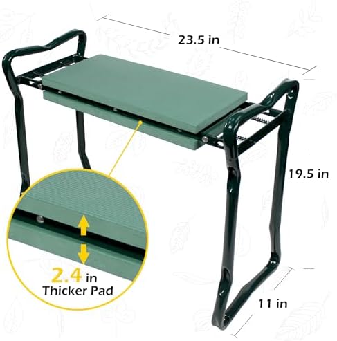 MaxWorks 50921 Folding Garden Kneeler Stool with 8 inch Wide Kneeling Pad, with 1 Tools Pouch for Planting and Gardening
