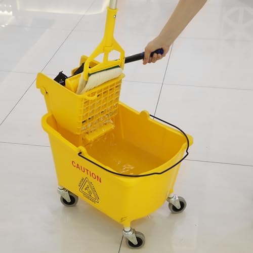 Midoneat Commercial Mop Bucket with Side Press Wringer on Wheels, Including One Commercial Mop, 35 Quart, Yellow