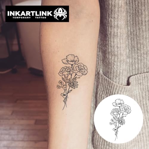 INKARTLINK Women's Semi-Permanent Floral Temporary Tattoos - Adult Art Design, Cruelty-Free, Waterproof, Non-Reflective (A Bouquet Of Flowers)