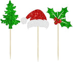 24Pcs Christmas Santa Hat Cupcake Toppers Glitter Holly Leaves Berries Christmas Tree Cupcake Picks Winter Merry Xmas Theme Birthday Party Cake Decorations Supplies