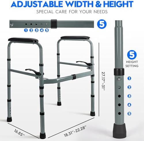 Toilet Safety Rail for Seniors – Adjustable & Foldable Toilet Safety Frame with Padded Handles, Stand Alone Bathroom Safety Rail & Toilet Support for Elderly, Fits Most Toilets, 350 lb Capacity