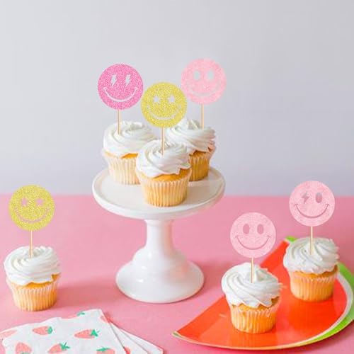 24 Pcs Smile Face Cupcake Toppers Selected Smile Expression Pack for Boys and Girls Paper Cupcake Toppers Baby Shower Birthday Party Cake Decorations Supplies