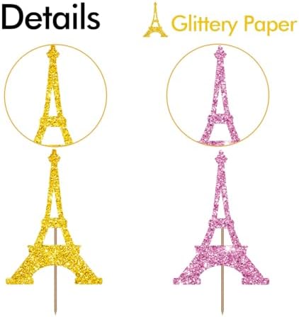 24PCS Eiffel Tower Cupcake Toppers, Wedding Party Decor, Bridal Shower Dessert Cupcake Toppers, Paris Themed Birthday Party Decoration - Pink & Gold Glitter