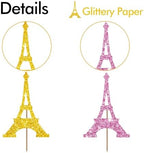 24PCS Eiffel Tower Cupcake Toppers, Wedding Party Decor, Bridal Shower Dessert Cupcake Toppers, Paris Themed Birthday Party Decoration - Pink & Gold Glitter