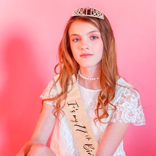 CIEHER 11th Birthday Crown + Sash + Pearl Pin Set, It's My Birthday Sash, 11th Birthday Tiara, Birthday Decorations & Gifts