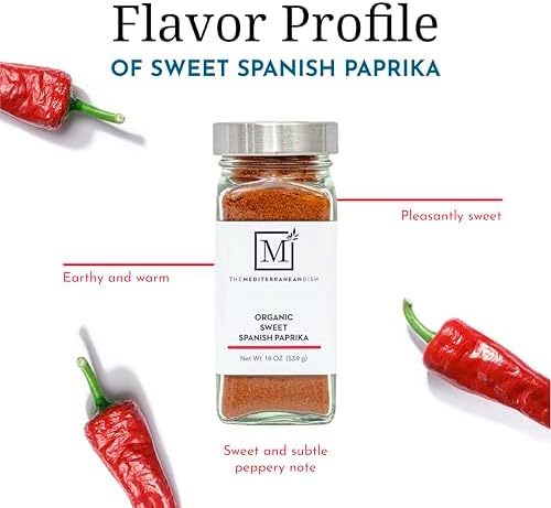 The Mediterranean Dish Sweet Spanish Paprika - Mild, Seedless, Sweet Chili Powder for Cooking and Grilling - Gourmet Chef Essential - Organic Rustic Old World Seasoning - 1.9 oz Glass Bottle