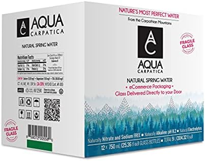 AQUA Carpatica Natural Spring Water with Electrolytes, Artesian Glass Bottled Water, 750 ml / 25.36 oz. (12 Pack)