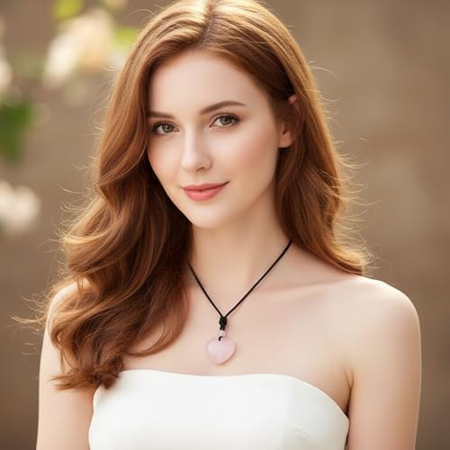TUMBEELLUWA Carved Stone Heart Shape Necklace Chakra Quartz Pendant with Cord Amulet Healing Crystal Jewelry for Unisex