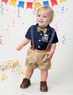 DONWEN Baby Boy First Birthday Outfit Mr Onederful Bowtie Romper + Suspender Shorts+ Party Hat Cake Smash Outfits