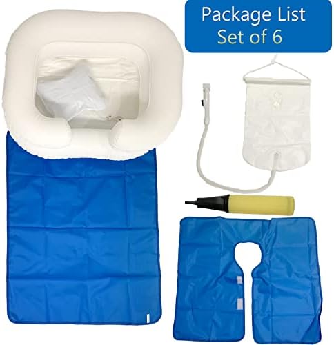 Bedside Shower System, Overhead Shower with Water Bag 2.1 Gallons, Inflatable Shampoo Basin Kit for Disabled and Elderly Bed Easy & Safe Bathing & Shampooing (Set of 6)