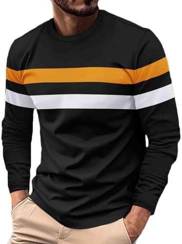 Long Sleeve T Shirt Men Crewneck Fall Workout Shirts Mens Fashion Stripes Casual Tops Regular Fit Athletic Pullover
