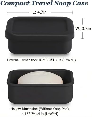 HighHerz Leak Proof Silicone Travel Soap Case with Draining Tray - Bar Soap Holder for Travel, Gym & Camping - Mess-Free Portable Soap Container for Carry-on Bags (Black)