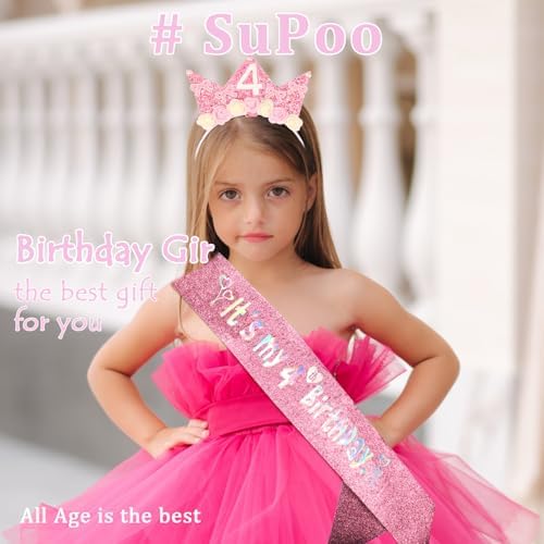 SuPoo 4th Birthday Decorations for Girl Pink Bow 4th Birthday Sash and Headband Crown for Girls Glitter Hair Band for Party 4 Year Old Flower Princess Tiara Hair Accessory Outfit Gift