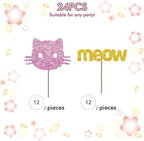 Set of 24 Kitten Cat and Meow Cupcake Toppers for Pet Theme Birthday, Gold & Pink Glitter Cat Face Sign Cupcake Toppers, Cake Decorations for Kitten Theme Baby Shower Kids Party Supplies