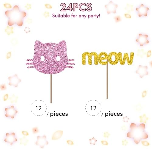 Set of 24 Kitten Cat and Meow Cupcake Toppers for Pet Theme Birthday, Gold & Pink Glitter Cat Face Sign Cupcake Toppers, Cake Decorations for Kitten Theme Baby Shower Kids Party Supplies