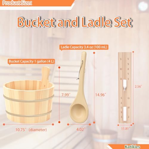 Sauna Accessories Kit, Bucket and Ladle Set, Thermo-Hygrometer, Hourglass, Aromatherapy Bowl Oil Cup Holder, 5-Pack (Pine) (Wood)