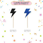24pcs Lightning Cupcake Toppers, Lightning Bolt Cupcake Toppers, Black&Blue Glitter Weather Cake Decoration for Baby Shower, Lightning Weather Themed Birthday Party Supplies