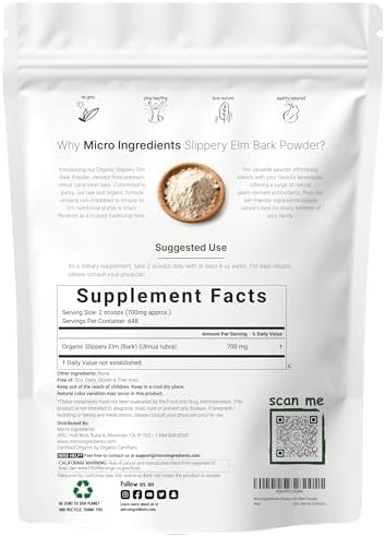 Micro Ingredients Sustainably US Grown, Organic Slippery Elm Bark Powder, 1 Pound (648 Servings), Helps Soothe The Throat and Coughing, No Irradiated, No Contaminated, No GMOs, Pet Friendly