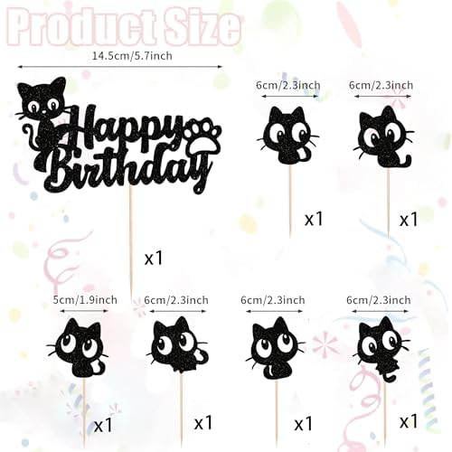 7Pcs Cat Happy Birthday Cake Topper – Black Glitter Kitten Cupcake Decoration for Cat Lovers, Baby Shower, Kids Birthday, Wedding Party Supplies